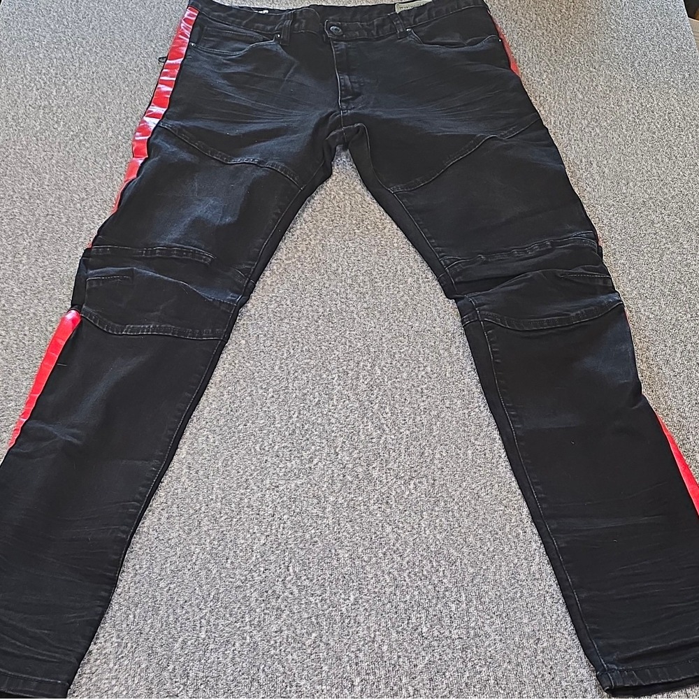 Smoke Rise Men's Slim Tapered Black Dark Wash Denim Jeans Red Side Stripe 38x34